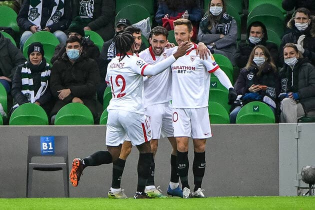 KRASNODAR, RUSSIA â€“ NOVEMBER 24, 2020: Sevilla FC players celebrate a goal scored against FC Krasnodar in their 2020 21 UEFA Champions League Group E Round 4 football match at the Krasnodar Stadium. Andrei Shramko TASS  TS0EF93B