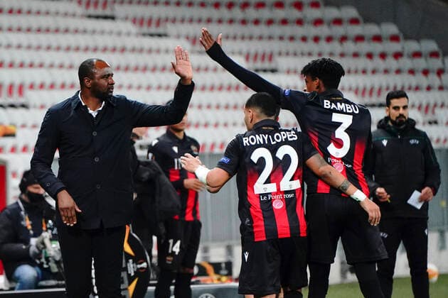 Patrick Vieira (entraineur de l OGC Nice) - Rony Lopes (OGC Nice) - Robson Bambu (OGC Nice) FOOTBALL : OGC Nice vs Slavia Prague - Europa Ligue - Nice - 26 11 2020 NorbertScanella PanoramiC 