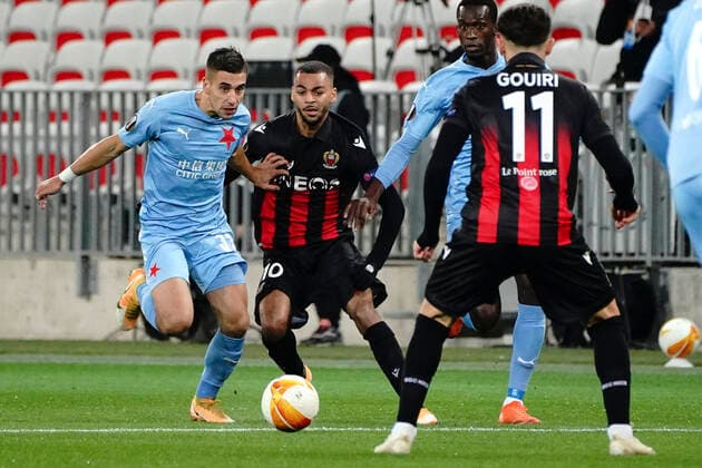 Alexis Claude Maurice (OGC Nice) - Ondrej Lingr (Slavia Prague) FOOTBALL : OGC Nice vs Slavia Prague - Europa Ligue - Nice - 26 11 2020 NorbertScanella PanoramiC 
