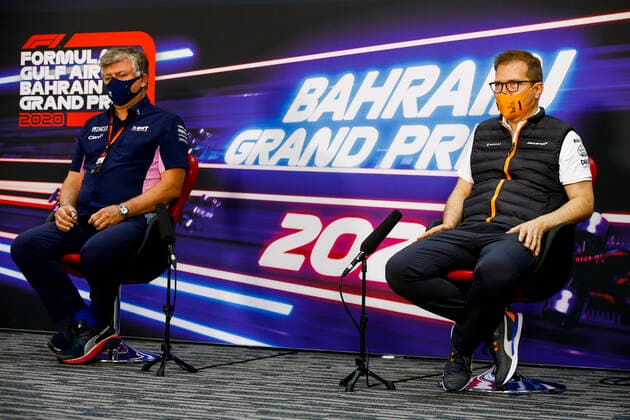 Motorsports: FIA Formula One World Championship, WM, Weltmeisterschaft 2020, Grand Prix of Bahrain Motorsports: FIA Formula One World Championship 2020, Grand Prix of Bahrain, Otmar Szafnauer (ROU, BWT Racing Point F1 Team), Andreas Seidl (GER, McLaren F1 Team),