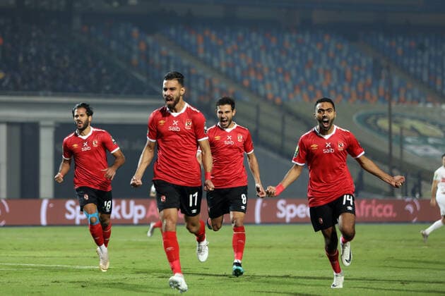 (201128) -- CAIRO, Nov. 28, 2020 -- Players of Egypt s Al Ahly celebrate their goal during the final match of the CAF Champions League in Cairo, Egypt, Nov. 27, 2020. ) (SP)EGYPT-CAIRO-FOOTBALL-CAF CHAMPIONS LEAGUE-FINAL AhmedxGomaa 