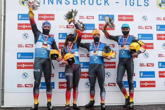 LUGE - FIL WC Innsbruck Igls 2020 INNSBRUCK,AUSTRIA,29.NOV.20 - LUGE - FIL World Cup Igls, artificial track, relay. Image shows the rejoicing of the german team. Keywords: trophy. GEPAxpictures xPatrickxSteiner