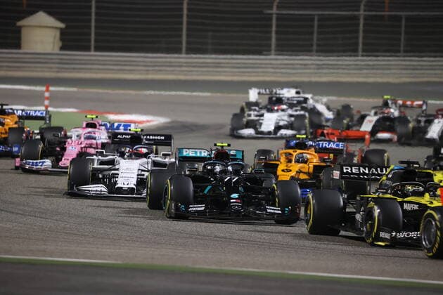 Motorsports: FIA Formula One World Championship, WM, Weltmeisterschaft 2020, Grand Prix of Bahrain, Start, 3 Daniel Ricciardo (AUS, Renault DP World F1 Team), 77 Valtteri Bottas (FIN, Mercedes-AMG Petronas Formula One Team), 10 Pierre Gasly (FRA, Scuderia AlphaTauri Honda), 4 Lando Norris (GBR, McLaren F1 Team), Sakhir Bahrain