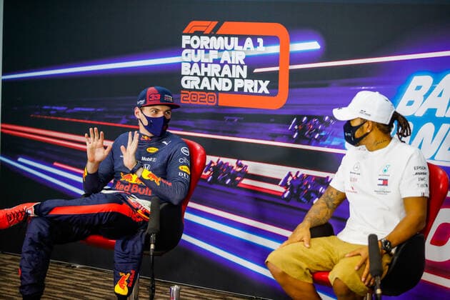 Motorsports: FIA Formula One World Championship, WM, Weltmeisterschaft 2020, Grand Prix of Bahrain Motorsports: FIA Formula One World Championship 2020, Grand Prix of Bahrain, 33 Max Verstappen (NLD, Aston Martin Red Bull Racing), 44 Lewis Hamilton (GBR, Mercedes-AMG Petronas Formula One Team),