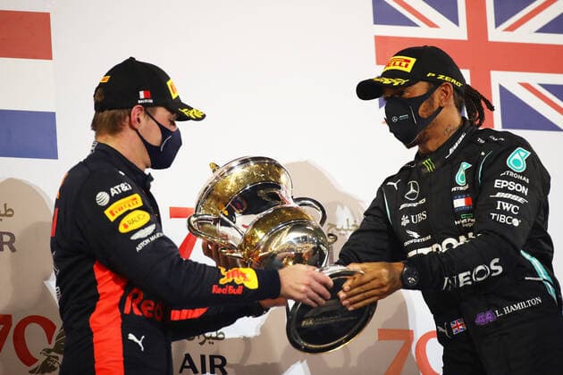 Motorsports: FIA Formula One World Championship, WM, Weltmeisterschaft 2020, Grand Prix of Bahrain Motorsports: FIA Formula One World Championship 2020, Grand Prix of Bahrain, 33 Max Verstappen (NLD, Aston Martin Red Bull Racing), 44 Lewis Hamilton (GBR, Mercedes-AMG Petronas Formula One Team),