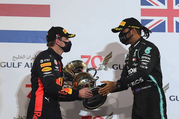 Motorsports: FIA Formula One World Championship, WM, Weltmeisterschaft 2020, Grand Prix of Bahrain Motorsports: FIA Formula One World Championship 2020, Grand Prix of Bahrain, 33 Max Verstappen (NLD, Aston Martin Red Bull Racing), 44 Lewis Hamilton (GBR, Mercedes-AMG Petronas Formula One Team),