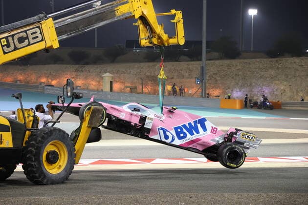 Motorsports: FIA Formula One World Championship, WM, Weltmeisterschaft 2020, Grand Prix of Bahrain, Damaged car of 18 Lance Stroll (CAN, BWT Racing Point F1 Team), Sakhir Bahrain