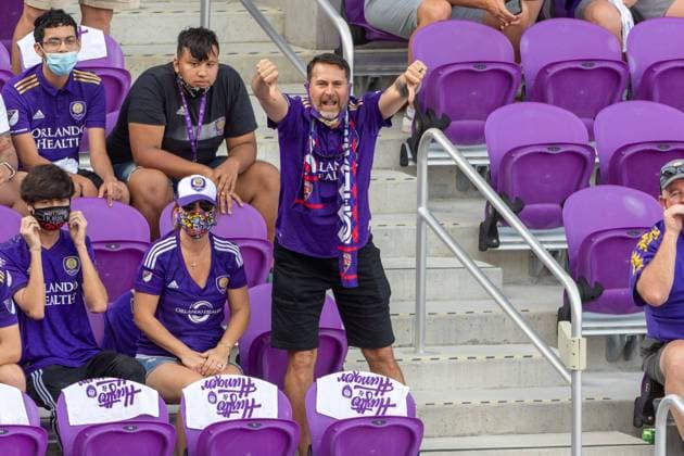 ORLANDO, USA, NOV 28TH Orlando City fan reaction after call on the field in the Major League Soccer Playoff match between Orlando City and New England at Exploria Stadium in Orlando *NO COMMERCIAL USAGE Stacy White SPP Orlando City v New England 