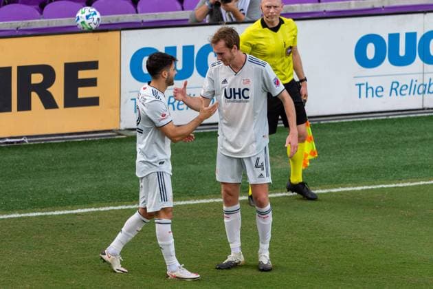 ORLANDO, USA, NOV 28TH Midfielder Carles Gil ( 22 New England) celebrates a goal in the Major League Soccer Playoff match between Orlando City and New England at Exploria Stadium in Orlando *NO COMMERCIAL USAGE Stacy White SPP Orlando City v New England 