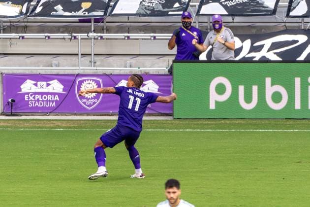 ORLANDO, USA, NOV 28TH Midfielder Junior Urso ( 11 Orlando City) celebrates a goal in the Major League Soccer Playoff match between Orlando City and New England at Exploria Stadium in Orlando *NO COMMERCIAL USAGE Stacy White SPP Orlando City v New England 
