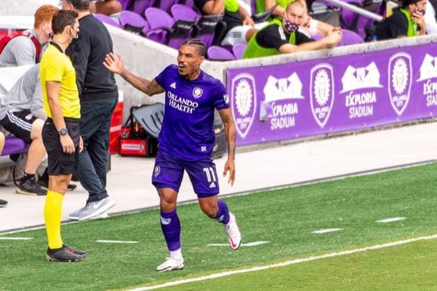 ORLANDO, USA, NOV 28TH Midfielder Junior Urso ( 11 Orlando City) celebrates a goal in the Major League Soccer Playoff match between Orlando City and New England at Exploria Stadium in Orlando *NO COMMERCIAL USAGE Stacy White SPP Orlando City v New England 