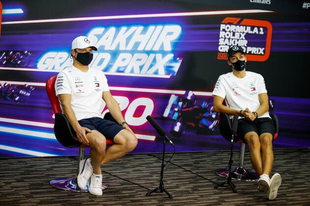 Motorsports: FIA Formula One World Championship, WM, Weltmeisterschaft 2020, Grand Prix of Sakhir Motorsports: FIA Formula One World Championship 2020, Grand Prix of Sakhir, 77 Valtteri Bottas (FIN, Mercedes-AMG Petronas Formula One Team), 63 George Russell (GBR, Mercedes-AMG Petronas Formula One Team),