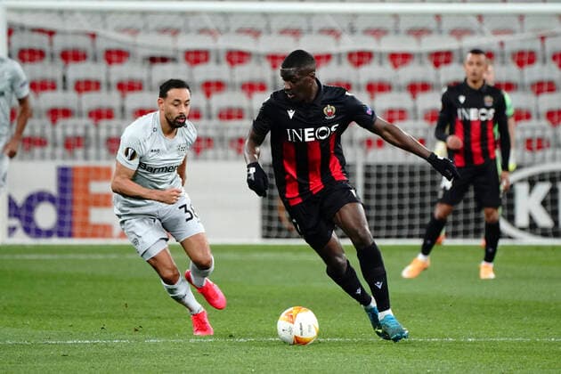 Stanley NSoki (OGC Nice) - Cem Turkmen (Bayer Leverkusen) FOOTBALL : OGC Nice vs Bayer Leverkusen - Europa Ligue - Nice - 03 12 2020 NorbertScanella PanoramiC 
