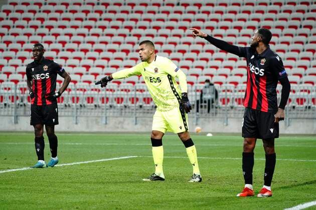 Walter Benitez (OGC Nice) - Jeff Reine Adelaide (OGC Nice) - Stanley NSoki (OGC Nice) FOOTBALL : OGC Nice vs Bayer Leverkusen - Europa Ligue - Nice - 03 12 2020 NorbertScanella PanoramiC 