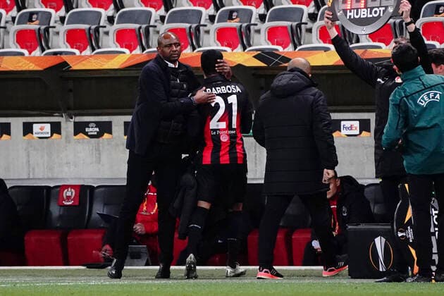 Patrick Vieira (entraineur de l OGC Nice) - Danilo Barbosa (OGC Nice) FOOTBALL : OGC Nice vs Bayer Leverkusen - Europa Ligue - Nice - 03 12 2020 NorbertScanella PanoramiC 