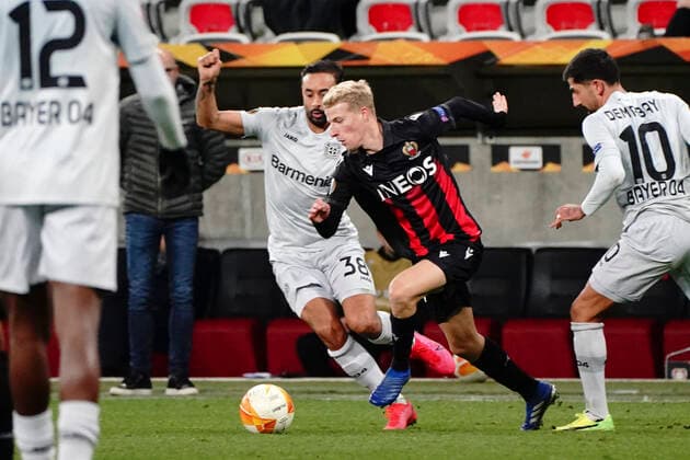 Alexis Trouillet (OGC Nice) - Karim Bellarabi (Bayer Leverkusen) FOOTBALL : OGC Nice vs Bayer Leverkusen - Europa Ligue - Nice - 03 12 2020 NorbertScanella PanoramiC 