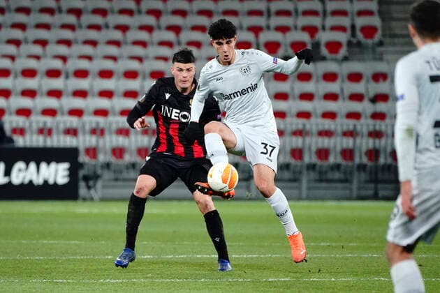 Emrehan Gedikli (Bayer Leverkusen) FOOTBALL : OGC Nice vs Bayer Leverkusen - Europa Ligue - Nice - 03 12 2020 NorbertScanella PanoramiC 