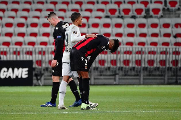 Fin de match - Robson Bambu (OGC Nice) - Leon Bailey (Bayer Leverkusen) FOOTBALL : OGC Nice vs Bayer Leverkusen - Europa Ligue - Nice - 03 12 2020 NorbertScanella PanoramiC 
