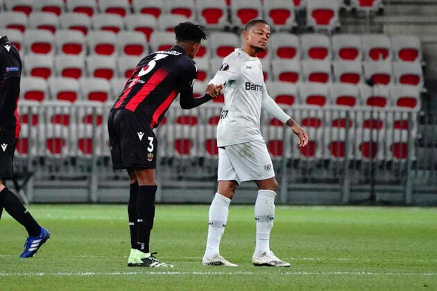 Fin de match - Robson Bambu (OGC Nice) - Leon Bailey (Bayer Leverkusen) FOOTBALL : OGC Nice vs Bayer Leverkusen - Europa Ligue - Nice - 03 12 2020 NorbertScanella PanoramiC 