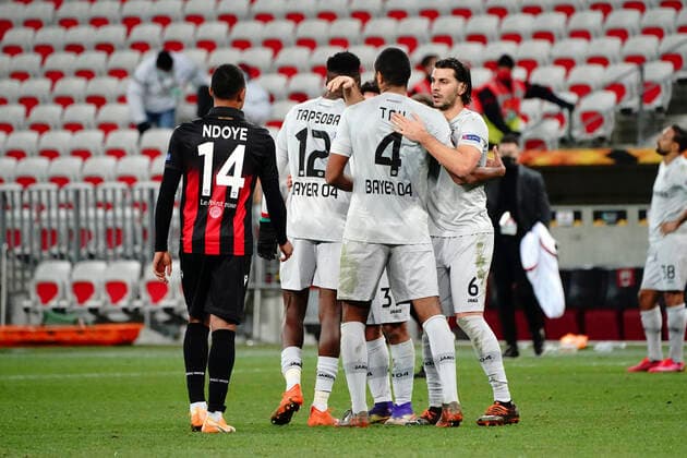 Fin de match - Aleksandar Dragovic (Bayer Leverkusen) - Jonathan Tah (Bayer Leverkusen) - Edmond Tapsoba (Bayer Leverkusen) FOOTBALL : OGC Nice vs Bayer Leverkusen - Europa Ligue - Nice - 03 12 2020 NorbertScanella PanoramiC 