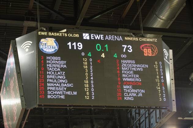 GER, Basketball, EWE Baskets Oldenburg vs NINERS Chemnitz 04.12.2020, EWE Arena, Oldenburg, GER, easy Credit-BBL, EWE Baskets Oldenburg vs NINERS Chemnitz, im Bild Anzeigentafel mit dem Endstand 119 zu 73 gewinnen die EWE Baskets Oldenburg gegen die NINERS Chemnitz