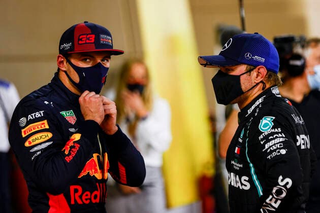 Motorsports: FIA Formula One World Championship, WM, Weltmeisterschaft 2020, Grand Prix of Sakhir Motorsports: FIA Formula One World Championship 2020, Grand Prix of Sakhir, 33 Max Verstappen (NLD, Aston Martin Red Bull Racing), 77 Valtteri Bottas (FIN, Mercedes-AMG Petronas Formula One Team),