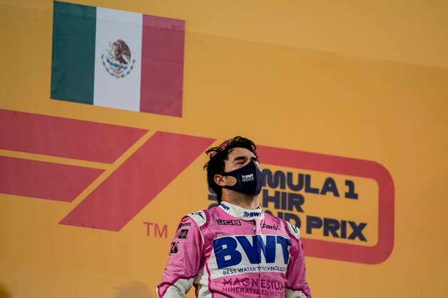 December 6, 2020, Sakhir, Bahrain: SERGIO PEREZ of Mexico and Racing Point F1 Team is seen on the podium after winning the 2020 FIA Formula 1 Sakhir Grand Prix at Bahrain International Circuit in Sakhir, Bahrain. Sakhir Bahrain - ZUMAg147 20201206_zap_g147_022 Copyright: xJamesxGasperottix