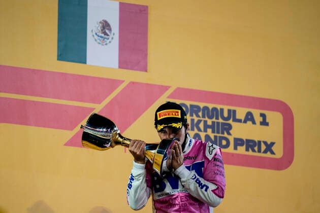 December 6, 2020, Sakhir, Bahrain: SERGIO PEREZ of Mexico and Racing Point F1 Team is seen on the podium after winning the 2020 FIA Formula 1 Sakhir Grand Prix at Bahrain International Circuit in Sakhir, Bahrain. Sakhir Bahrain - ZUMAg147 20201206_zap_g147_028 Copyright: xJamesxGasperottix