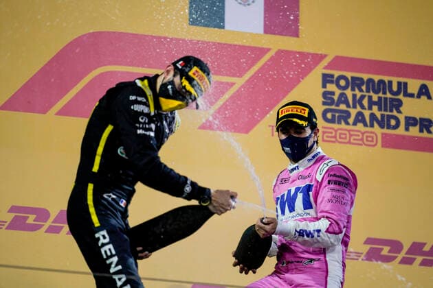 December 6, 2020, Sakhir, Bahrain: (L to R) ESTEBAN OCON of France and Renault F1 and SERGIO PEREZ of Mexico and Racing Point F1 Team are seen on the podium after the 2020 FIA Formula 1 Sakhir Grand Prix at Bahrain International Circuit in Sakhir, Bahrain. Sakhir Bahrain - ZUMAg147 20201206_zap_g147_033 Copyright: xJamesxGasperottix