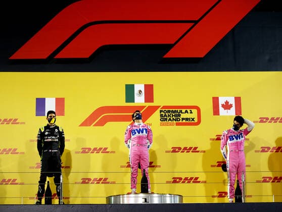 Motorsports: FIA Formula One World Championship, WM, Weltmeisterschaft 2020, Grand Prix of Sakhir Motorsports: FIA Formula One World Championship 2020, Grand Prix of Sakhir, 31 Esteban Ocon (FRA, Renault DP World F1 Team), 11 Sergio Perez (MEX, BWT Racing Point F1 Team), 18 Lance Stroll (CAN, BWT Racing Point F1 Team),