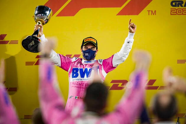 PEREZ Sergio (mex), Racing Point F1 RP20 celebrates his first win in F1 during the Formula 1 Rolex Sakhir Grand Prix 2020, from December 4 to 6, 2020 on the Bahrain International Circuit, in Sakhir, Bahrain FORMULE 1 : Grand Prix de Sakhir - 06 12 20202 DPPI PANORAMIC  00120035__GDN1293