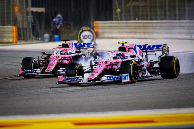 18 STROLL Lance (can), Racing Point F1 RP20, 11 PEREZ Sergio (mex), Racing Point F1 RP20, action during the Formula 1 Rolex Sakhir Grand Prix 2020, from December 4 to 6, 2020 on the Bahrain International Circuit, in Sakhir, Bahrain FORMULE 1 : Grand Prix de Sakhir - 06 12 20202 DPPI PANORAMIC  00120035__GDN0753