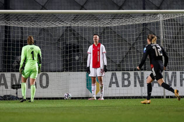 AMSTERDAM , 10-12-2020 , Sportpark de Toekomst , Dutch football , Champions League , season 2020 2021. Ajax players dejected after the 0-1 during the match Ajax vs Bayern Munchen women Ajax - Bayern Munchen women  Copyright: ToonxDompeling