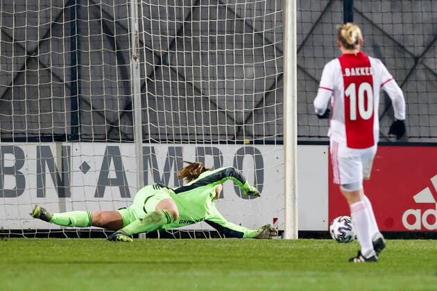 AMSTERDAM , 10-12-2020 , Sportpark de Toekomst , Dutch football , Champions League , season 2020 2021. Ajax goalkeeper Lize Kop at the 0-2 during the match Ajax vs Bayern Munchen women Ajax - Bayern Munchen women  Copyright: ToonxDompeling