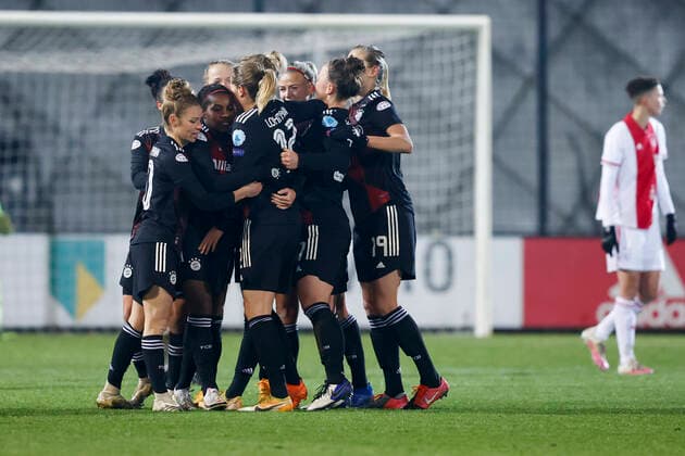 AMSTERDAM , 10-12-2020 , Sportpark de Toekomst , Dutch football , Champions League , season 2020 2021. Bayern Munchen players celebrate the 0-2 during the match Ajax vs Bayern Munchen women Ajax - Bayern Munchen women  Copyright: ToonxDompeling