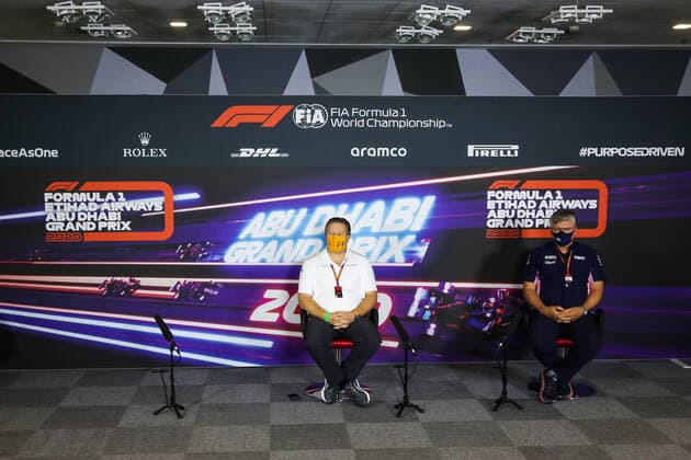Motorsports: FIA Formula One World Championship, WM, Weltmeisterschaft 2020, Grand Prix of Abu Dhabi Motorsports: FIA Formula One World Championship 2020, Grand Prix of Abu Dhabi, Zak Brown (USA, McLaren F1 Team), Otmar Szafnauer (ROU, BWT Racing Point F1 Team),