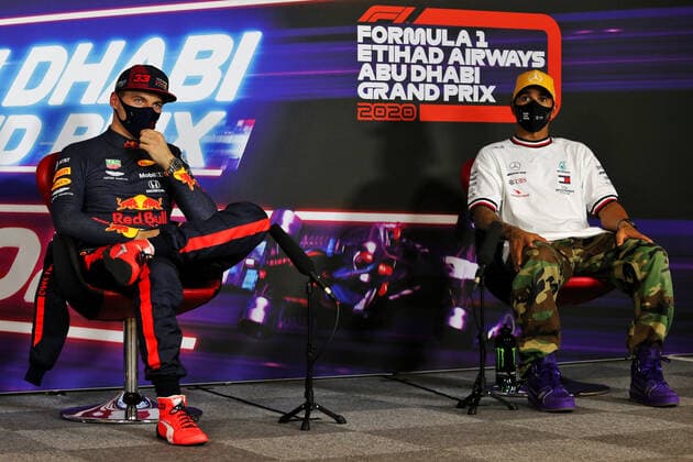 Motorsports: FIA Formula One World Championship, WM, Weltmeisterschaft 2020, Grand Prix of Abu Dhabi Motorsports: FIA Formula One World Championship 2020, Grand Prix of Abu Dhabi, 33 Max Verstappen (NLD, Aston Martin Red Bull Racing), 44 Lewis Hamilton (GBR, Mercedes-AMG Petronas Formula One Team),
