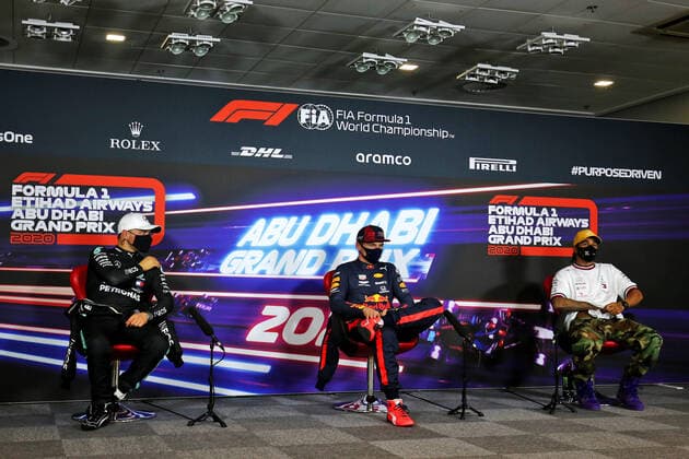Motorsports: FIA Formula One World Championship, WM, Weltmeisterschaft 2020, Grand Prix of Abu Dhabi Motorsports: FIA Formula One World Championship 2020, Grand Prix of Abu Dhabi, 77 Valtteri Bottas (FIN, Mercedes-AMG Petronas Formula One Team), 33 Max Verstappen (NLD, Aston Martin Red Bull Racing), 44 Lewis Hamilton (GBR, Mercedes-AMG Petronas Formula One Team),