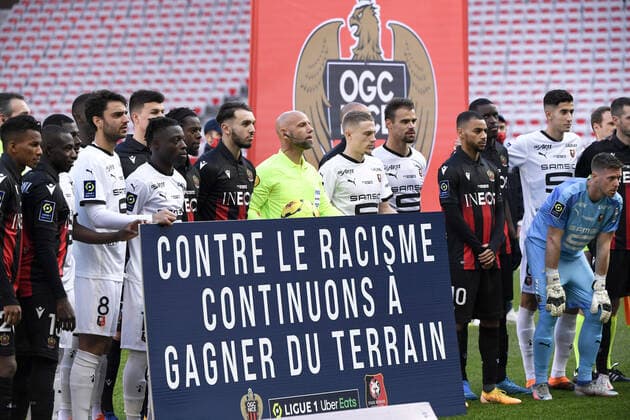 FAIR PLAY - PANCARTE - CAMPAGNE CONTRE LE RACISME - EQUIPE DE FOOTBALL DE NICE - EQUIPE DE FOOTBALL DE RENNES FOOTBALL : Nice vs Rennes - Ligue 1 Uber Eats - 13 12 2020 FEP Panoramic 