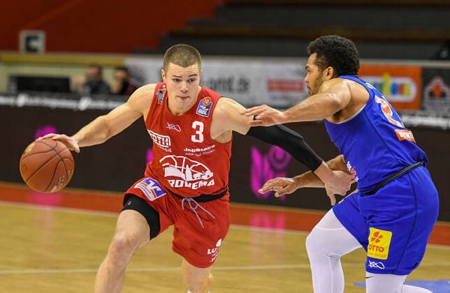 Liam OÂ Reilly, Quinton Hooker 1. Spieltag, Basketball Bundesliga, Basketball Saison 2020 2021, Deutschland, easyCredit BBL, Germany, Giessen 46ers, giessen rot, Herren, Jobstairs GIESSEN 46ers - MBC Syntainics MBC, Männer, MBC blau-weiß