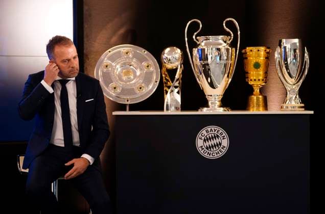 FC Bayern Muenchen Players And Staff Watch FIFA The BEST Awards MUNICH, GERMANY - DECEMBER 17: Team coach Hansi Flick of FC Bayern Muenchen reacts during the live stream of the FIFA The BEST Awards ceremony on December 17, 2020 in Munich, Germany. Photo by Pool Marco Donato-FC Bayern Pool Getty Images via SVEN SIMON Fotoagentur Munich Bavaria Germany