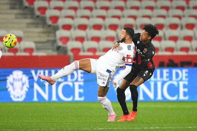 10 MEMPHIS DEPAY (OL) - 03 ROBSON BAMBU ALVES DE BARROS (NICE) FOOTBALL : Nice vs Lyon - Ligue 1 Uber Eats - 19 12 2020 FEP Panoramic 