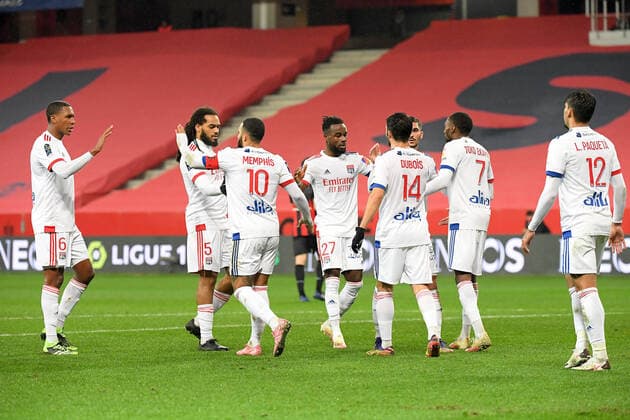 JOIE - FAIR PLAY - 06 MARCELO (OL) - 05 JASON DENAYER (OL) - 27 MAXWEL CORNET (OL) FOOTBALL : Nice vs Lyon - Ligue 1 Uber Eats - 19 12 2020 FEP Panoramic 