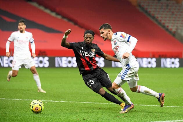 08 HOUSSEM AOUAR (OL) - 23 JORDAN LOTOMBA (NICE) FOOTBALL : Nice vs Lyon - Ligue 1 Uber Eats - 19 12 2020 FEP Panoramic 