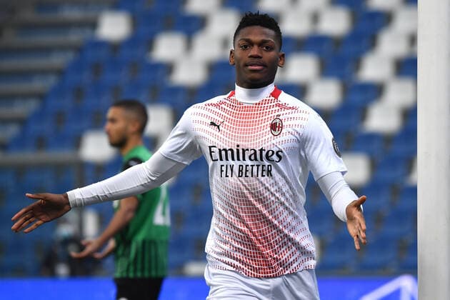 Rafael Leao of AC Milan celebrates after scoring the goal of 0-1 during the Serie A football match between US Sassuolo and AC Milan at Citta del Tricolore stadium in Reggio Emilia (Italy), December 20th 2020. Photo Andrea Staccioli Insidefoto andreaxstaccioli