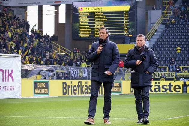 Dortmund, Deutschland 13. April 2019: 1. BL - 18 19 - Borussia Dortmund vs. FSV Mainz 05 v.li. Sebastian Hellmann (Sky) und Lothar Matthäus Matthaeus Mimik starker Gesichtsausdruck Emotion. nachdenklich grübelnd gruebelnd DFL regulations prohibit any use of photographs as image sequences and or quasi-video. 1. BL - 18 19 - Borussia Dortmund vs. FSV Mainz 05