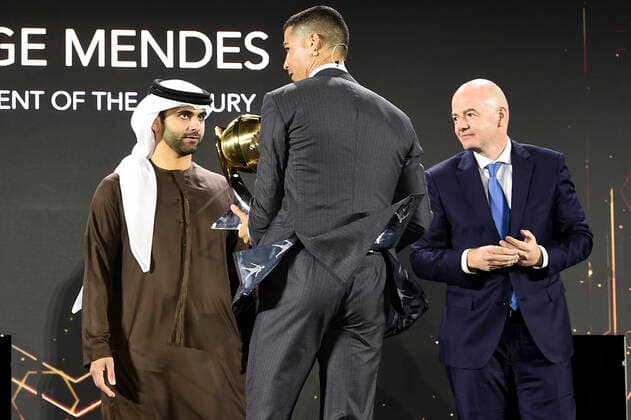 Foto Fabio Ferrari - LaPresse 27 Dicembre 2020 Dubai ( Emirati Arabi ) Dubai Globe Soccer Award 2020 - Dodicesima Edizione. Nella foto: Best Agent of the century, Jorge Mendes, takes the award Cristiano Ronaldo photo Fabio Ferrari - LaPresse December 27, 20720 Dubai (Unated Arab Emirate) Sport Dubai Globe Soccer Award 2020 - 12th Edition. In the pic: Best Agent of the century,Jorge Mendes, takes the award Cristiano Ronaldo  Copyright: xFabioxFerrari LaPressex