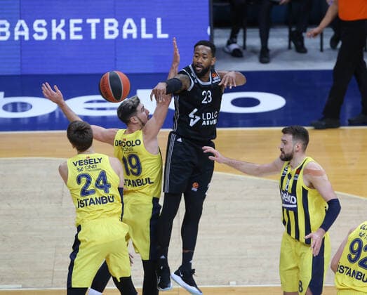 Jan Vesely 24 , Nando de Colo 19 , Marko Guduric 8 of Fenerbahce Beko Istanbul and David Lighty 23 of LDLC Asvel Villeurbanne during the Euroleague Basketball match between Fenerbahce Beko Istanbul and LDLC Asvel Villeurbanne at Ulker Dome n Istanbul , Turkey on December 30 , 2020. 