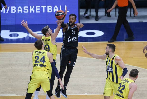 Jan Vesely 24 , Nando de Colo 19 , Marko Guduric 8 of Fenerbahce Beko Istanbul and David Lighty 23 of LDLC Asvel Villeurbanne during the Euroleague Basketball match between Fenerbahce Beko Istanbul and LDLC Asvel Villeurbanne at Ulker Dome n Istanbul , Turkey on December 30 , 2020. 
