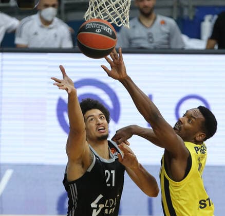 Dyshawn Pierre of Fenerbahce Beko Istanbul and Ismael Bako(R) of LDLC Asvel Villeurbanne during the Euroleague Basketball match between Fenerbahce Beko Istanbul and LDLC Asvel Villeurbanne at Ulker Dome n Istanbul , Turkey on December 30 , 2020. 